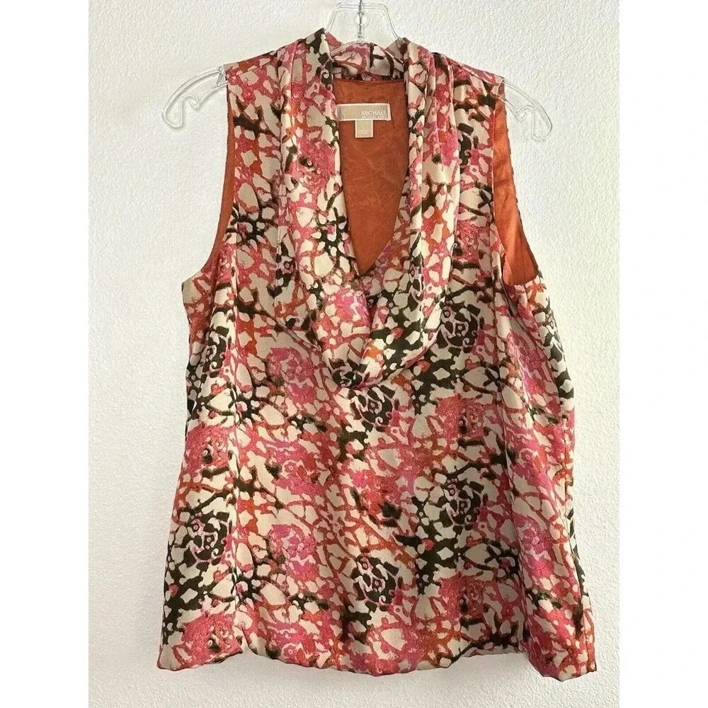 Michael Kors Cowl Neck Bubble Blouse Top Size Large Orange Brown Fall